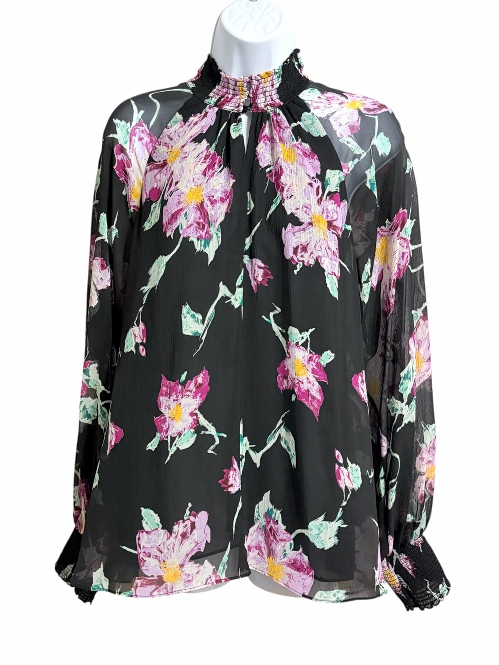 A.L.C. Venetia Dark Floral Sheer Silk Top 8 Black Smocked Bishop Sleeves Elegant